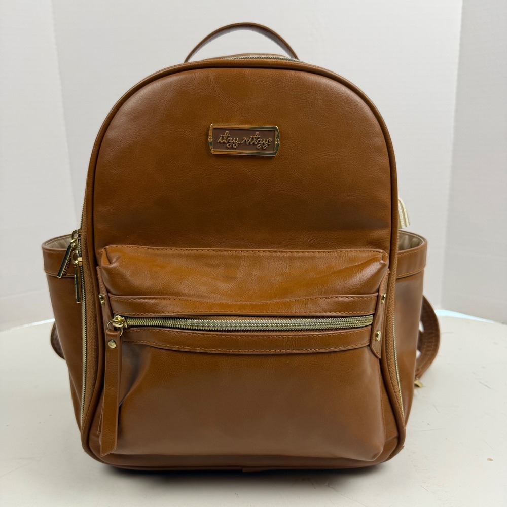 Itzy Ritzy Boss Backpack Diaper Bag Cognac Brown Vegan Leather Gold Hardware